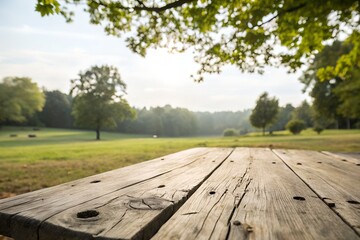 Rustic wooden picnic table in a sunlit park with lush green trees and a gentle rolling landscape