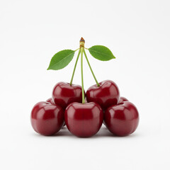 A conceptual and minimalist close-up of a handful of plump cherries with leaves, isolated on a pristine white background 66t4rf