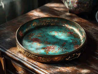 Floral Decorated Tray with Gilded Rim Resting on a Vintage Wooden Table