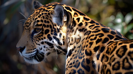 Fototapeta premium Hyper-realistic animation close-up of jaguar head showing spotted coat pattern and intense amber eyes