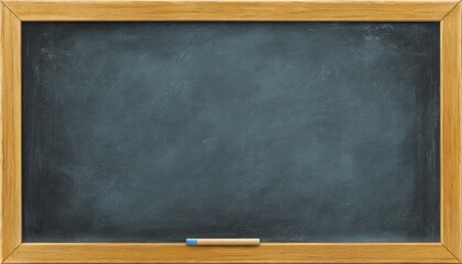Classic black chalkboard in a wooden frame against a bright white backdrop. Close-up of a blank blackboard. Horizontal black board or wall texture background. School Chalk black board with blue eraser