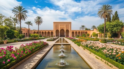 Arabian palace garden with fountain view
