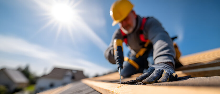 Roofer at Work: A focused roofer meticulously fastens roofing material under a bright, sunny sky, showcasing dedication and precision in their trade.