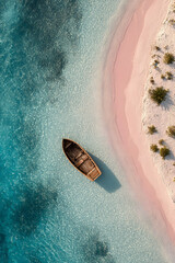 Isolated Boat Along Pink Sandy Shore: A stunning aerial view showcases an isolated boat anchored in a crystal-clear turquoise sea.