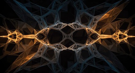 Symmetrical abstract fractal pattern with glowing orange and blue geometric shapes on a black background.