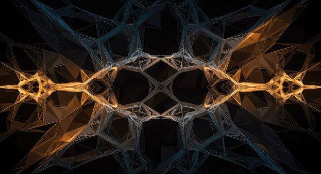 Symmetrical abstract fractal pattern with glowing orange and blue geometric shapes on a black background.