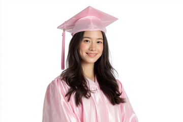 portrait of beautiful asian graduate from high school wearing a pink gown and cap on a white background