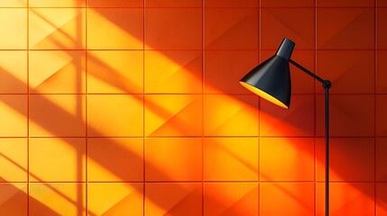 Fototapeta premium Minimalist interior with geometric wall pattern and modern floor lamp casting dramatic shadows, perfect for creative design concepts.