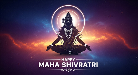 Illustration of maha shivratri greeting card in watercolor style with silhouette of Lord Shiva