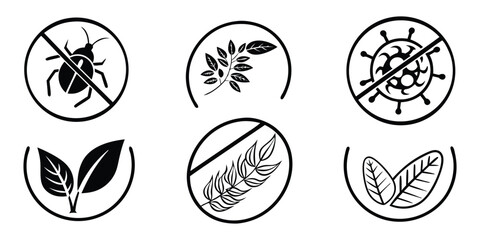 Black And White Icons For Pest Control And Natural Product, Labels, insect, virus,   bacteria, leaf, plant, branch, wheat, agriculture, organic, illustration.  © Hafiz