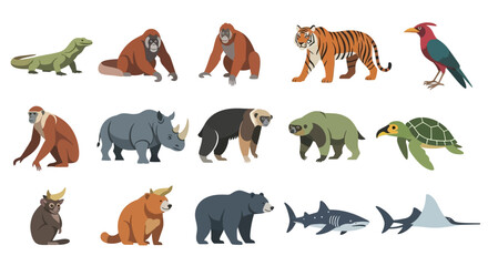 Obraz premium Diverse collection of endangered wildlife animals in a flat style.
