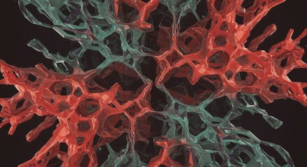 Abstract 3D rendering of interconnected cellular structures in red and teal hues against a dark background.