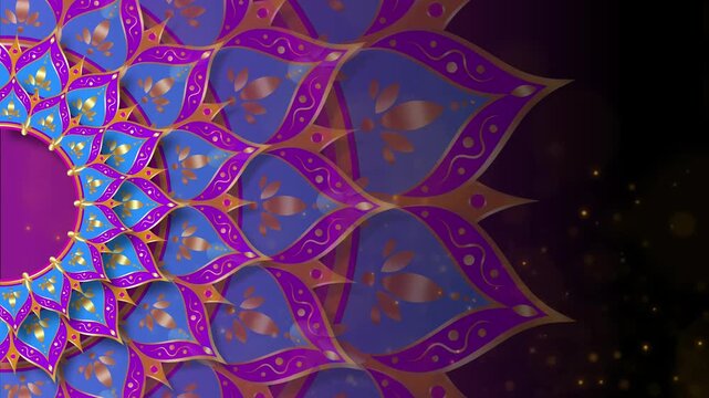 Animation of rangoli flowers Luxury mandalas with gold arabesque pattern Arabic or Indian style. Motion Graphics Video shiny colorful Mandala Rotating. Black and purple Background, copy space for text