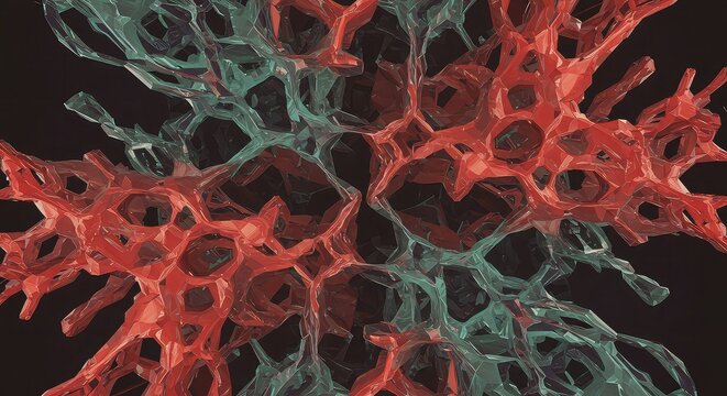 Abstract 3D rendering of interconnected cellular structures in red and teal hues against a dark background.