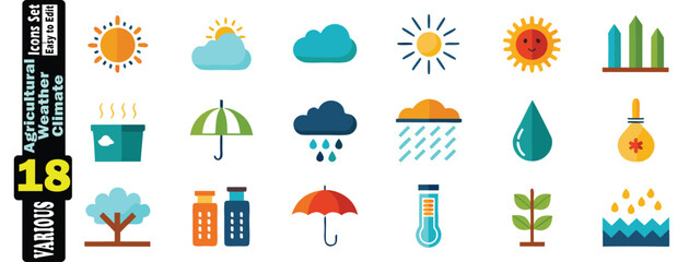 Fototapeta premium Cheerful Agricultural Weather and Climate Icons Set With 18 Elements, agriculture, weather, climate, icons, rural, plants., climate, set, farming, symbol, clouds, colorful, vector illustration. 