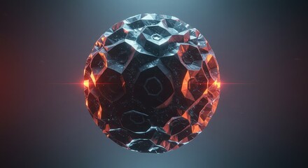 A dark, faceted sphere with glowing orange and blue lights emanating from its surface, set against a dark, gradient background.
