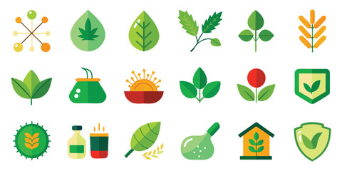 Collection of flat design icons representing nature, health, and organic elements, leaves, plants, drops, sun, shield, bottle, and illustrations. 