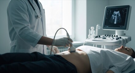 Obraz premium Patient receiving abdominal ultrasound exam by a doctor in a medical setting