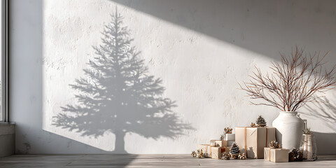 Christmas Shadow: A captivating composition, an evocative image of a Christmas tree shadow cast upon a textured wall, adjacent to gifts, conjuring the festive season's warmth and joy.