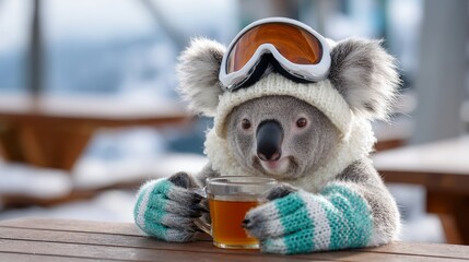 Koala enjoying a warming drink outdoors in winter ski gear against a snowy backdrop