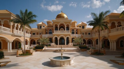 Elegant Arabian villa with golden dome and palms
