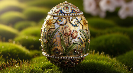 ornate jeweled easter egg on mossy green ground