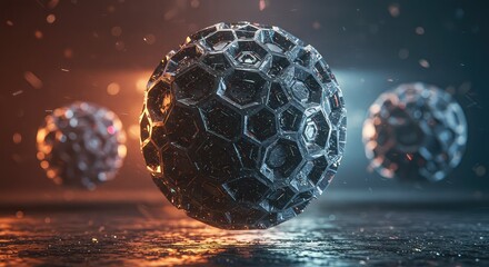 A close-up, macro view of a dark, textured, spherical object with a honeycomb-like surface, set against a blurred background with glowing orange and blue lights.