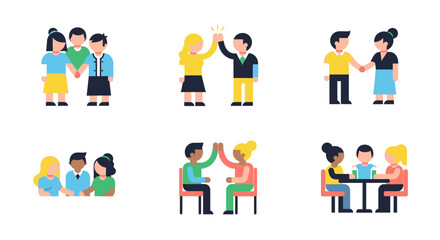 Naklejka premium Flat vector icon set of friends and couples in social situations.