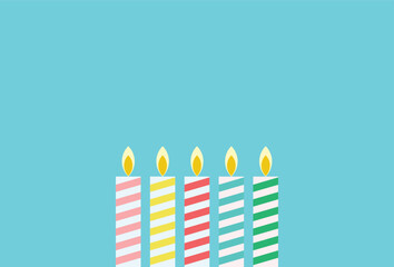 Minimal flat illustration of five striped birthday candles with flames, standing in a row against a light blue background.