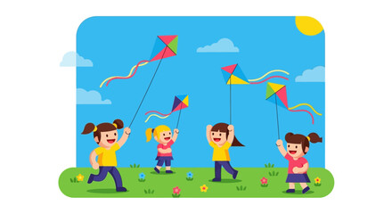 Fototapeta premium Four happy cartoon girls running and playing with colorful kites.