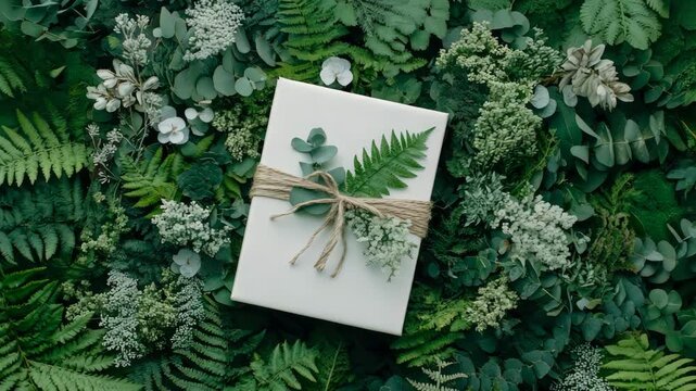 Beautifully wrapped present nestled among lush green plants and delicate white blooms, evoking natural elegance and thoughtful giving