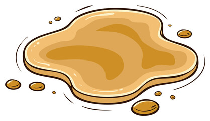 Spilled liquid illustration with drops: golden cartoon honey or caramel puddle on floor, isolated on white, stain