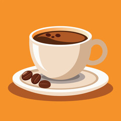 A steaming cup of hot black coffee sits on a white saucer with three roasted coffee beans in front of it against an orange background