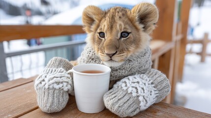 Cute lion cub enjoys warm drink while dressed in cozy winter outfit in snowy setting