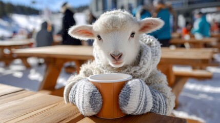 Cute sheep in warm sweater enjoying hot drink at snowy outdoor cafe with people in background