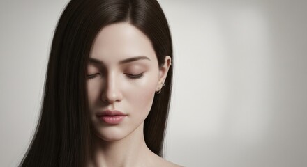 Naklejka premium Portrait of woman with eyes closed, long dark hair, soft lighting