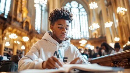Youthful scholar immersed in study within grand historic library, featuring impressive architecture and ambient glowing light