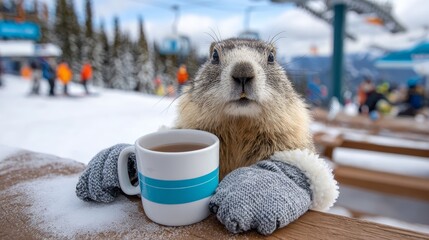 Cute animal enjoys warm drink in snowy mountain resort surrounded by winter sports activities