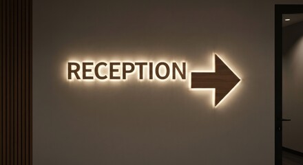 Reception sign with arrow pointing right, backlit on light beige wall