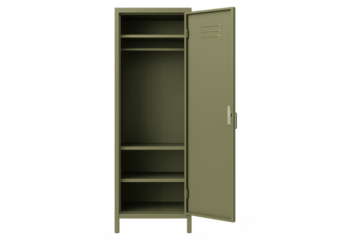 Green metal locker door open, empty storage cabinet