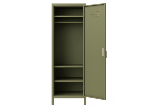 Green metal locker door open, empty storage cabinet