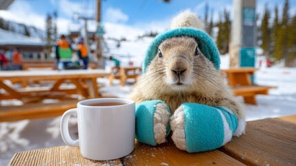 Cute rabbit enjoying a warm drink in a snowy mountain lodge at a ski resort in wintertime