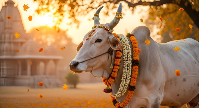 Adorned Holy Indian cow, serene gaze, orange flowers falling, autumnal scene.