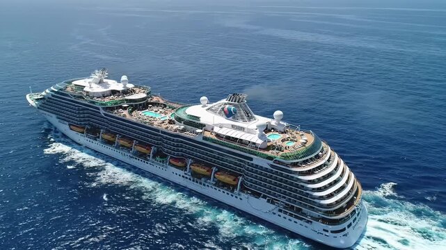 Aerial drone video tracking a majestic, luxury cruise ship, white hull, emerald trim, sparkling pools on a tranquil, deep blue ocean. Ultimate luxury and serene relaxation concept