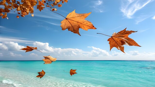 Autumn leaves floating above crystal clear turquoise ocean water under a blue sky, blending seasons, creating a serene coastal fall landscape