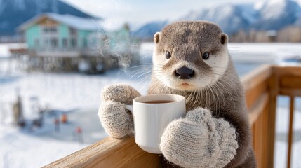 Adorable otter enjoying a warm drink on a winter day in a snowy town setting with mountains in the background