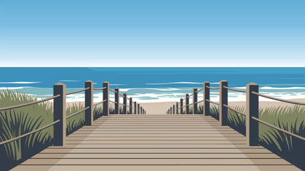 Naklejka premium A wooden boardwalk leads to the beach with ocean view and clear blue sky on a bright sunny day scene