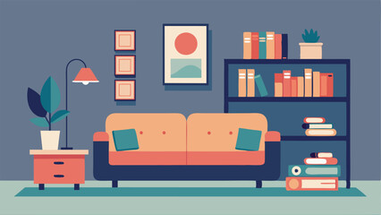 A living room with a large modular sofa a minimalist coffee table and a bookshelf filled with only a handful of carefully curated items.