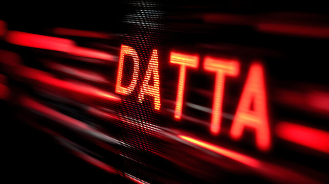 Abstract, futuristic visualization of high-speed data flow or network traffic, featuring the stylized word "DATTA" glowing red with motion blur and dark, linear elements.
