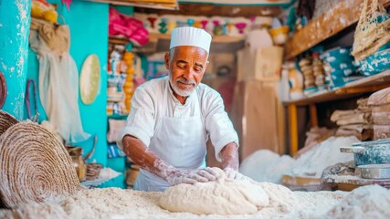 Experienced baker diligently kneading fresh dough in vibrant traditional artisan kitchen filled with culinary essentials